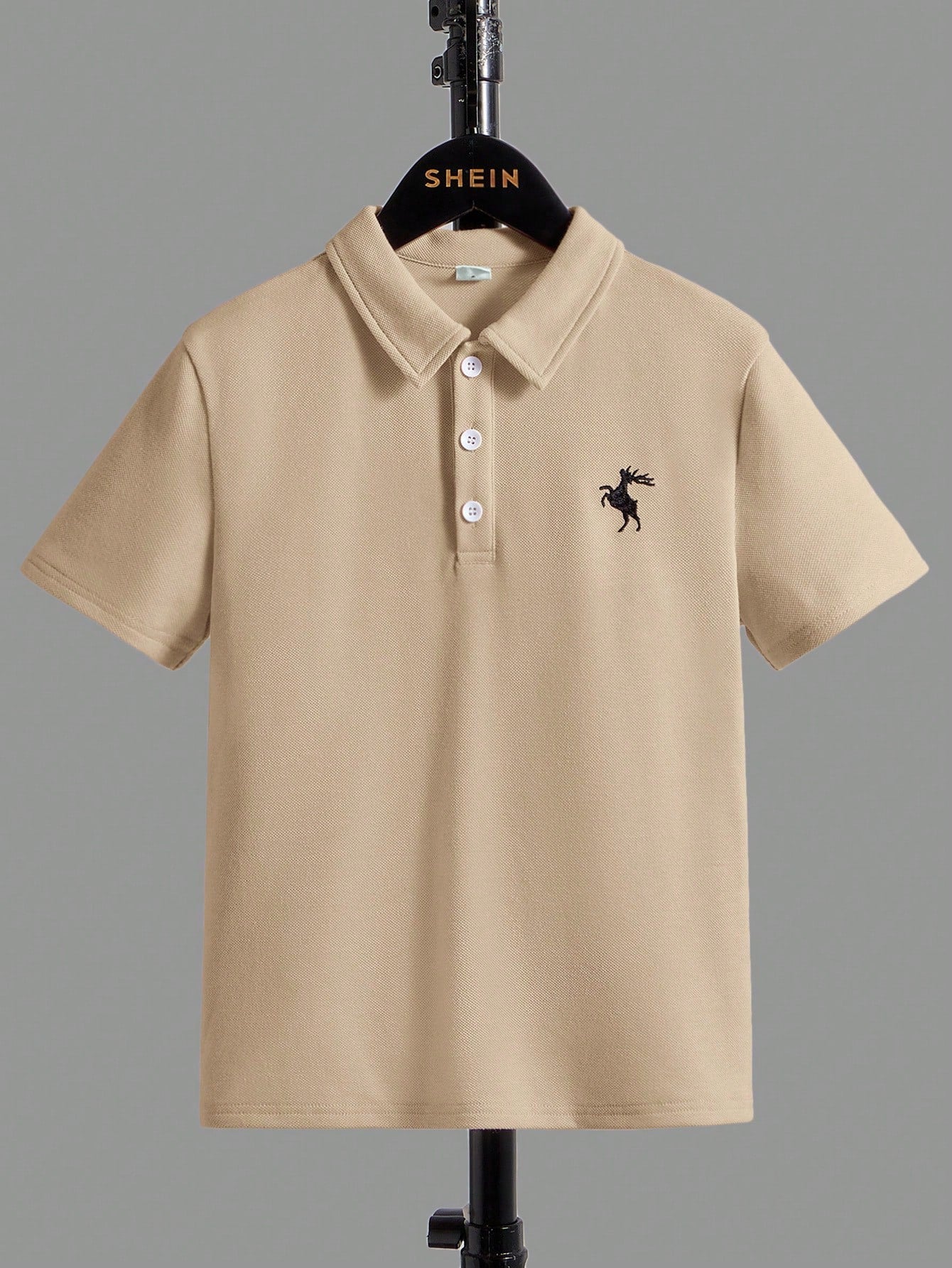 Tween Boy Deer Embroidery Polo Shirt Short Sleeve Casual Daily Wear, Summer