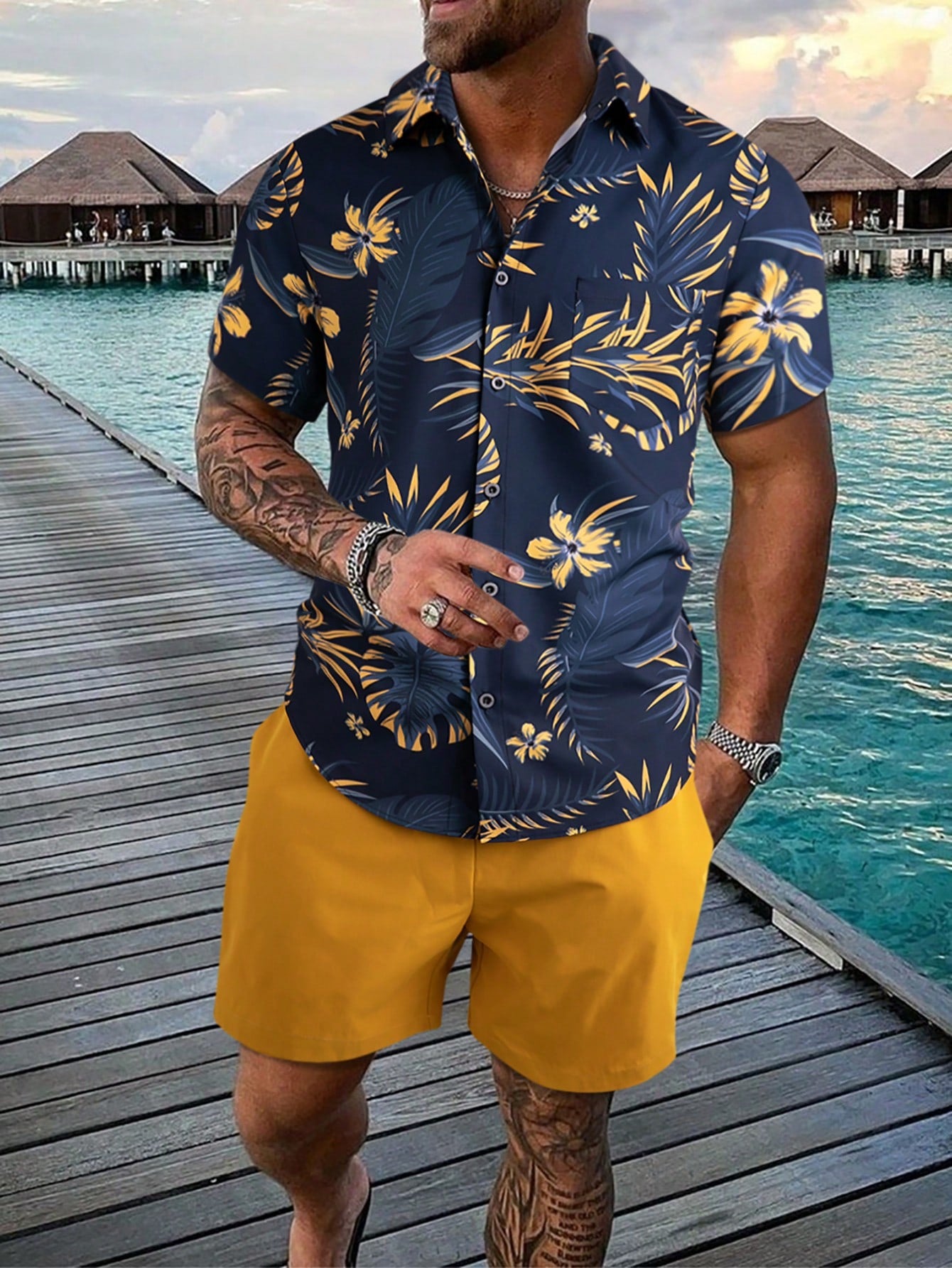 Men Tropical Print Shirt & Drawstring Waist Shorts Without Tee