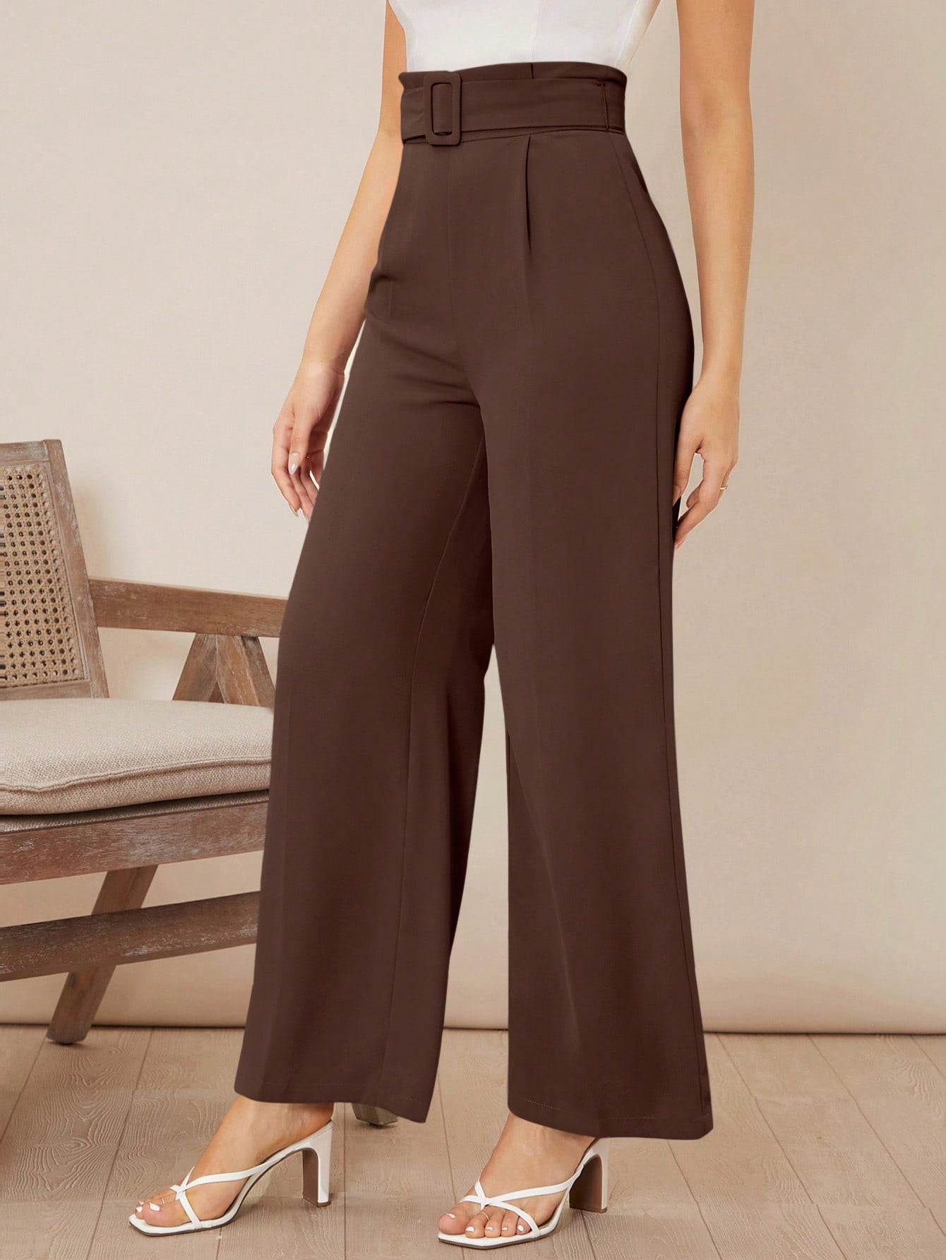 Women Commuting Solid High Waist Belted Wide Leg Pants