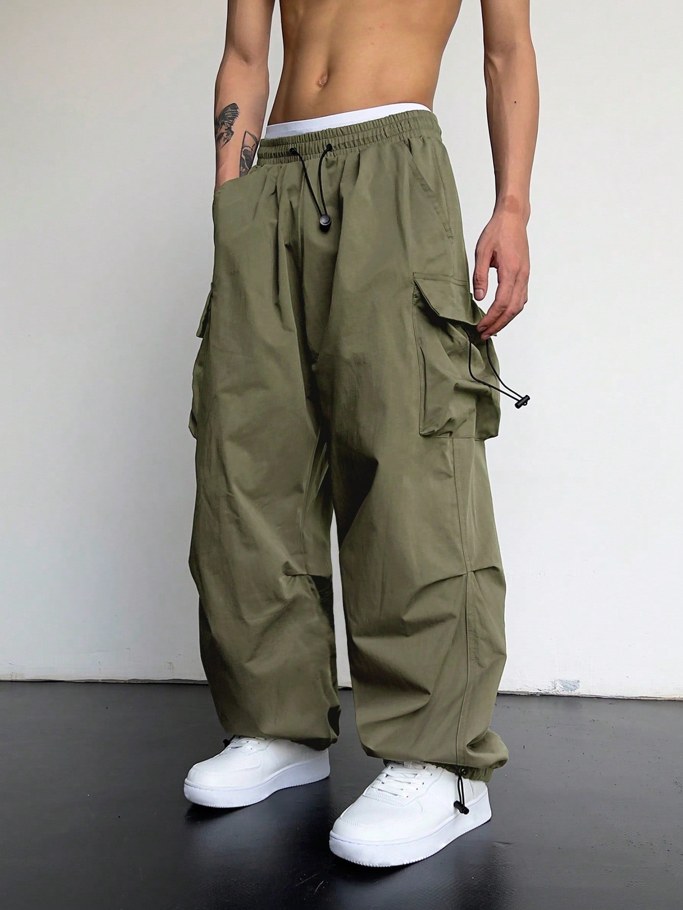 X Virginia & ZeFelipe Men Flap Pocket Side Drawstring Waist Oversize Cargo Pants