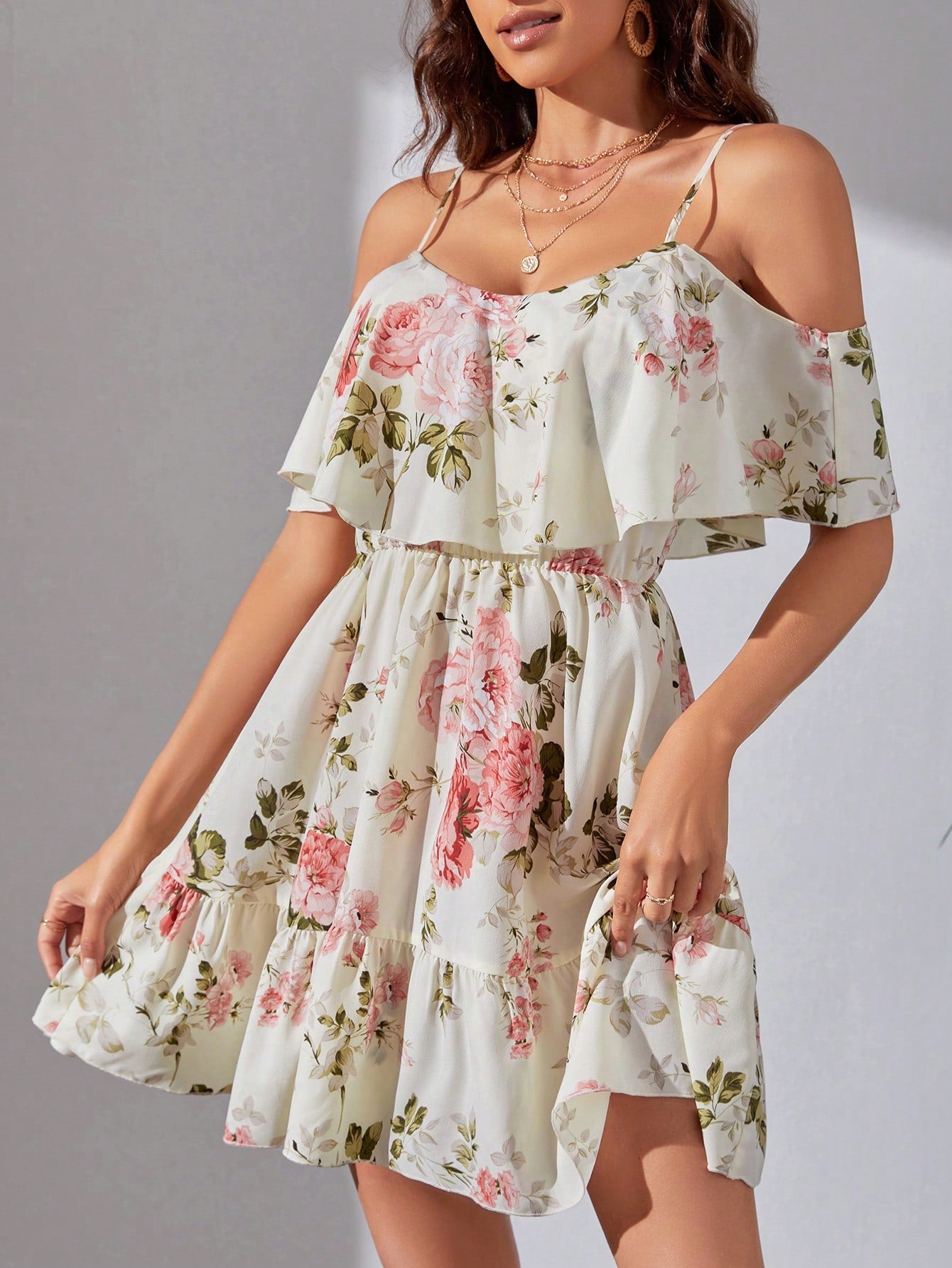 Tall Floral Print Cold Shoulder Ruffle Hem Dress