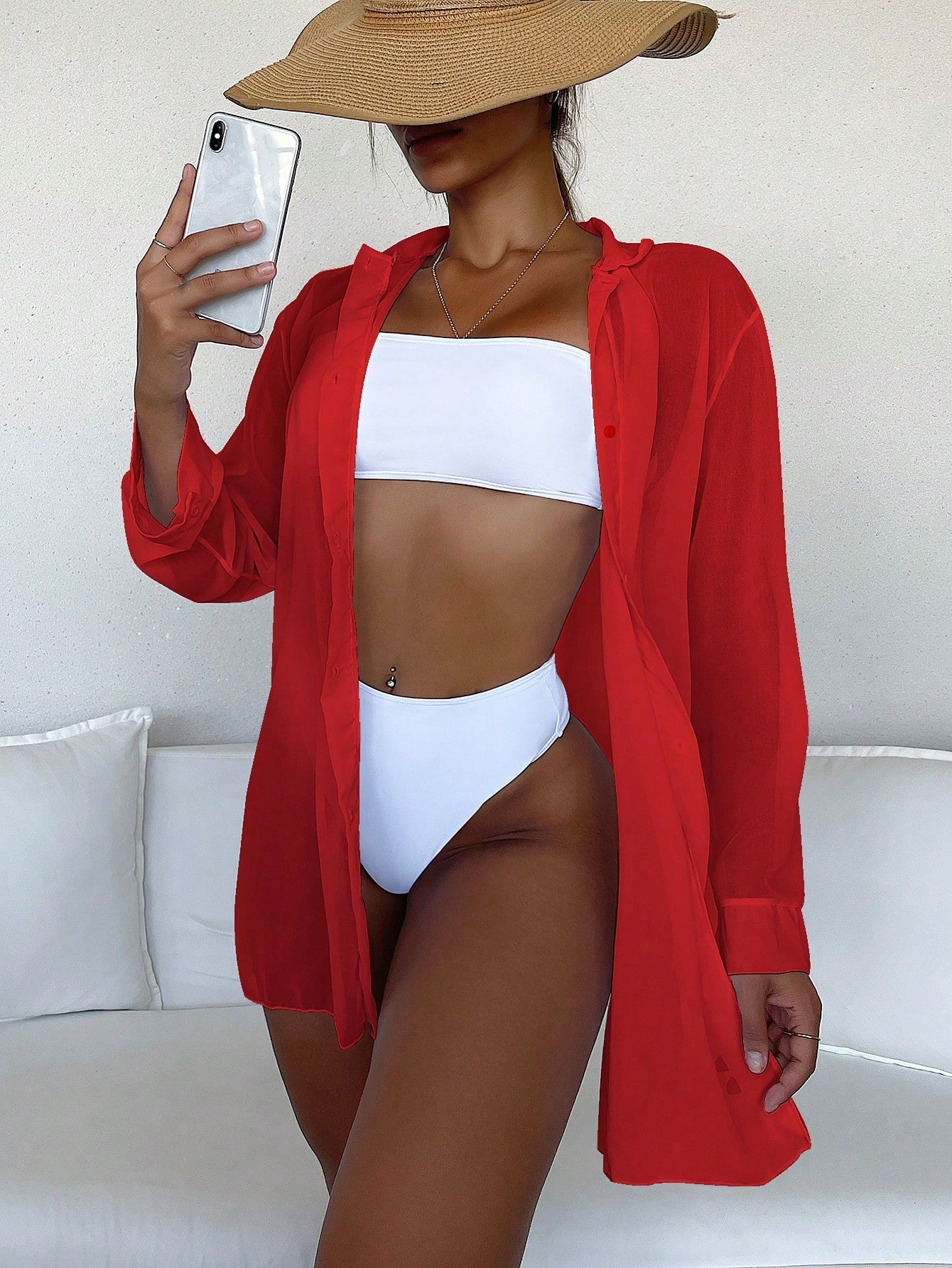 Swim Basics Summer Beach Plain Open Front Kimono