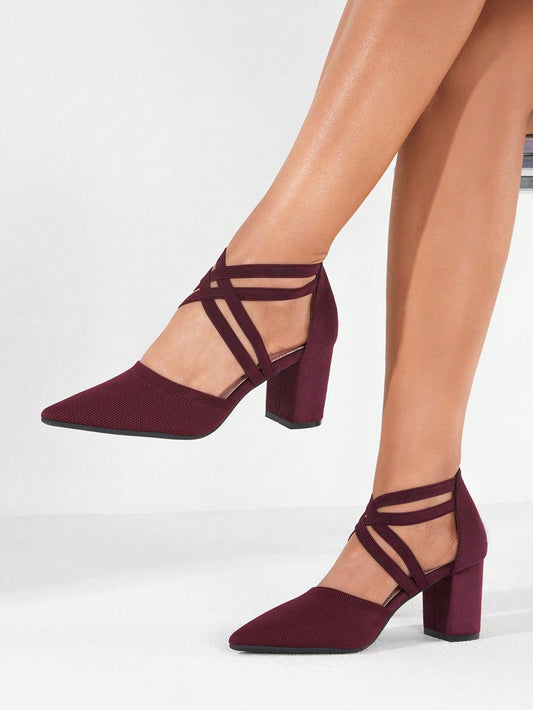 CHICEST Woman Shoes Burgundy Cross Strap Elegant Point Toe Chunky Pumps For Summer Vacation Shoes Summer Sale Elegant Heels Back To School Shoes College Student Shoes