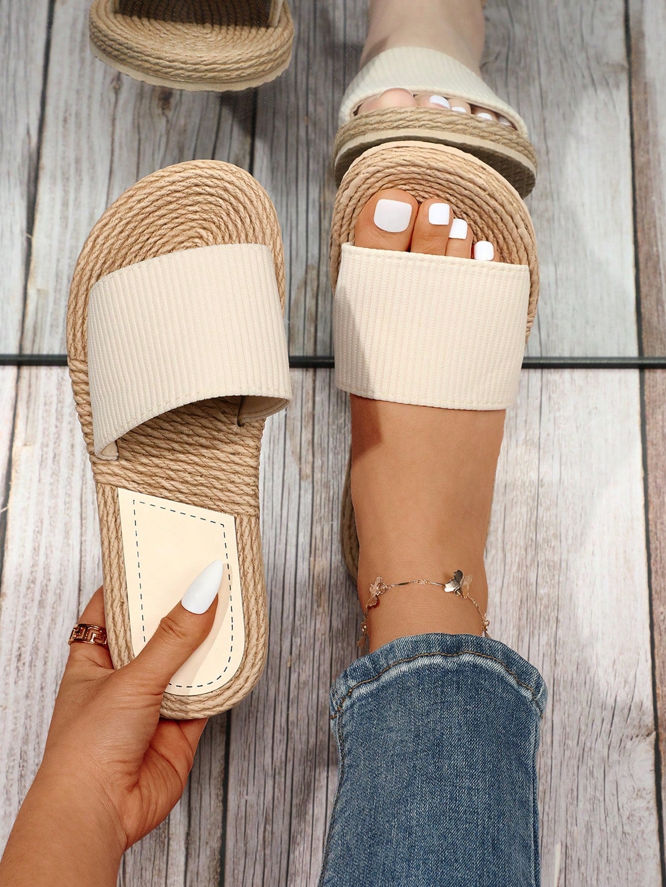 Women's Solid Color Sandals, Cross Strap Slip On Open Toe Non-Slip Straw Braided Slides Shoes, Summer Vacation Beach Shoe