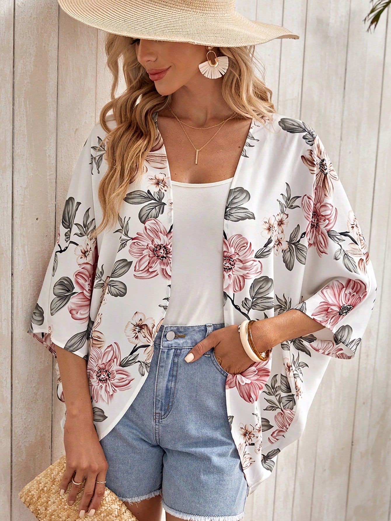 Women's Summer Holiday Casual Solid Color Sunflower Printed Kimono Cover Up