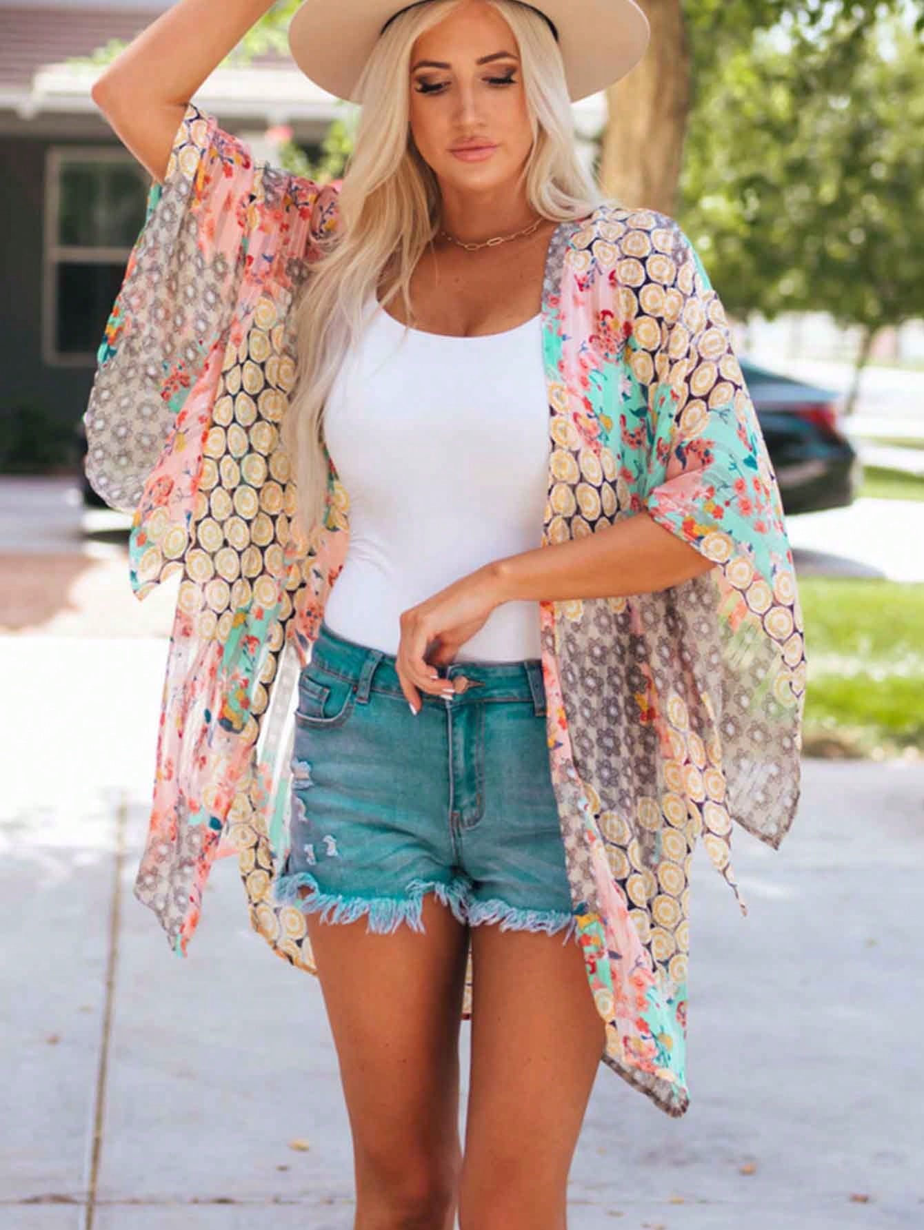 Acelitt Allover Print Batwing Sleeve Kimono