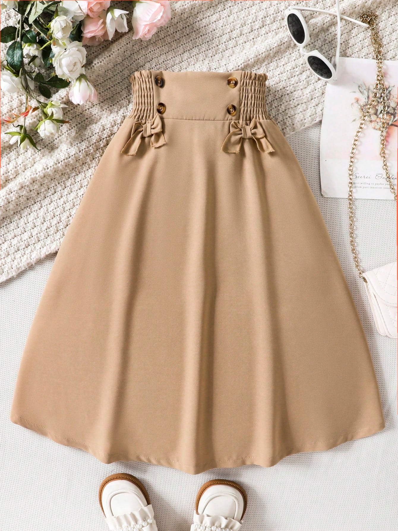 Tween Girl Shirred Waist Bow Front Skirt