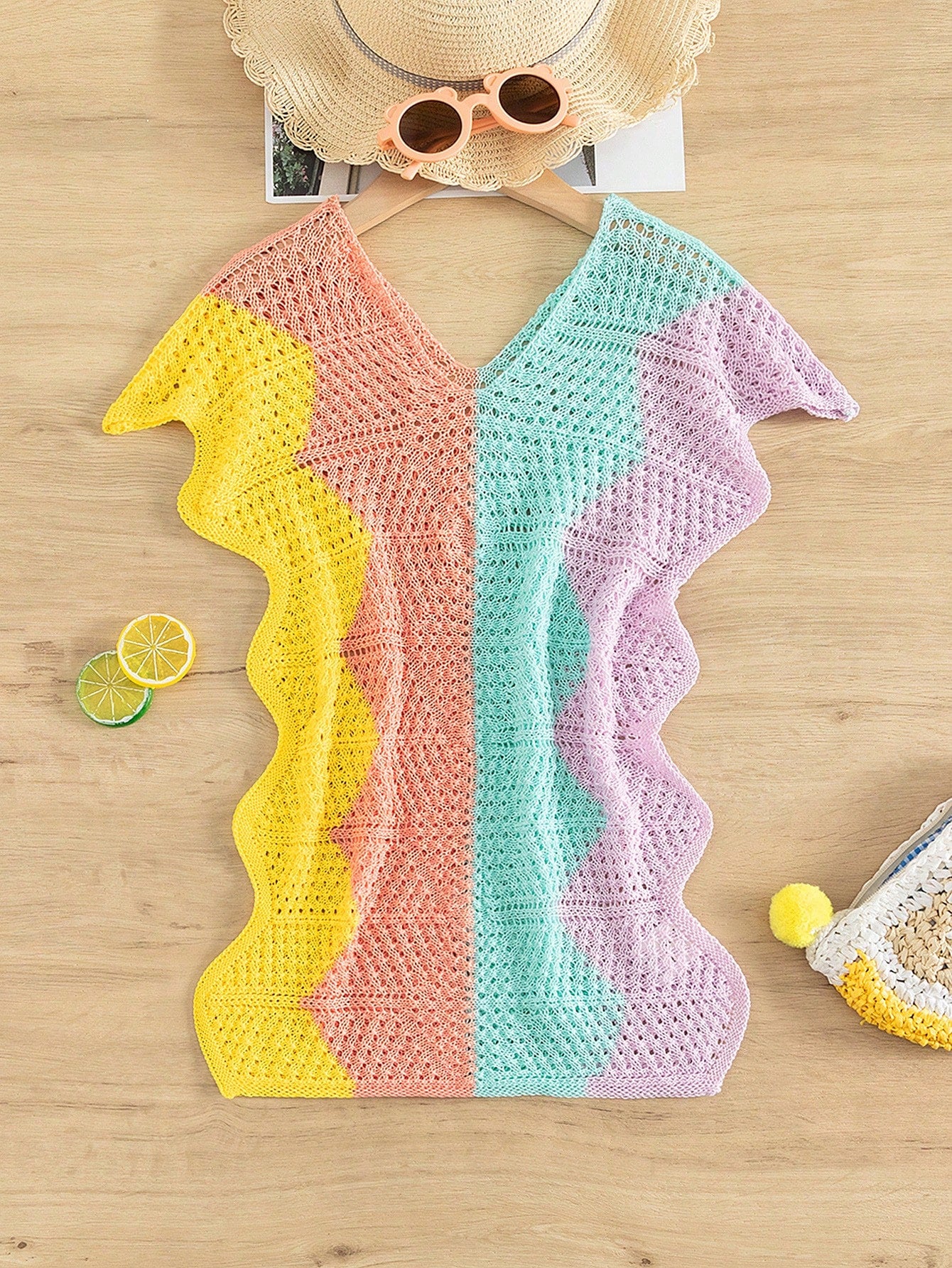 Tween Girl Colorblock Scallop Trim Batwing Sleeve Scallop Trim Crochet Cover Up