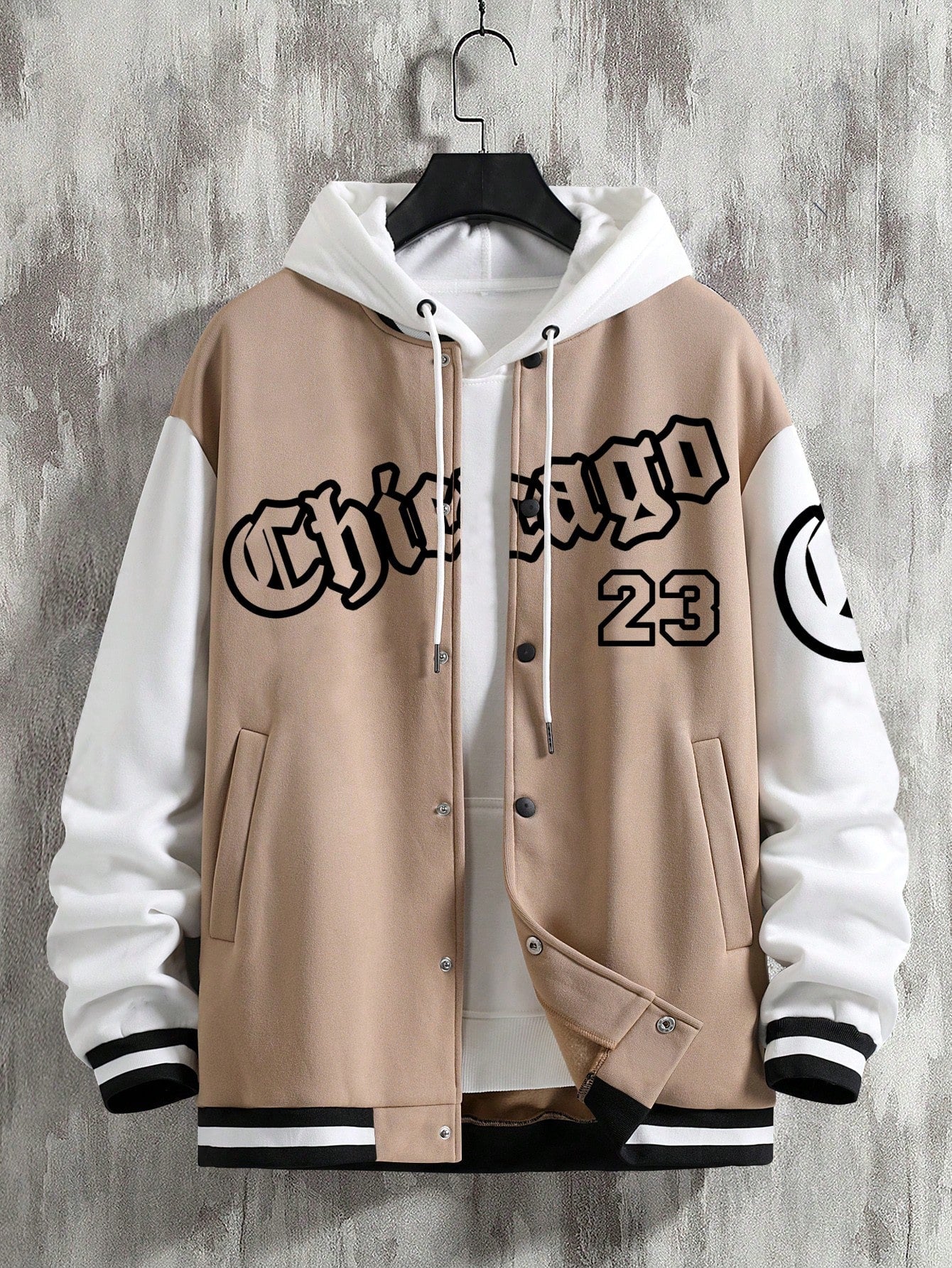 Loose Fit Men's Two-Tone Varsity Jacket Without Hoodie, Letter Graphic Design