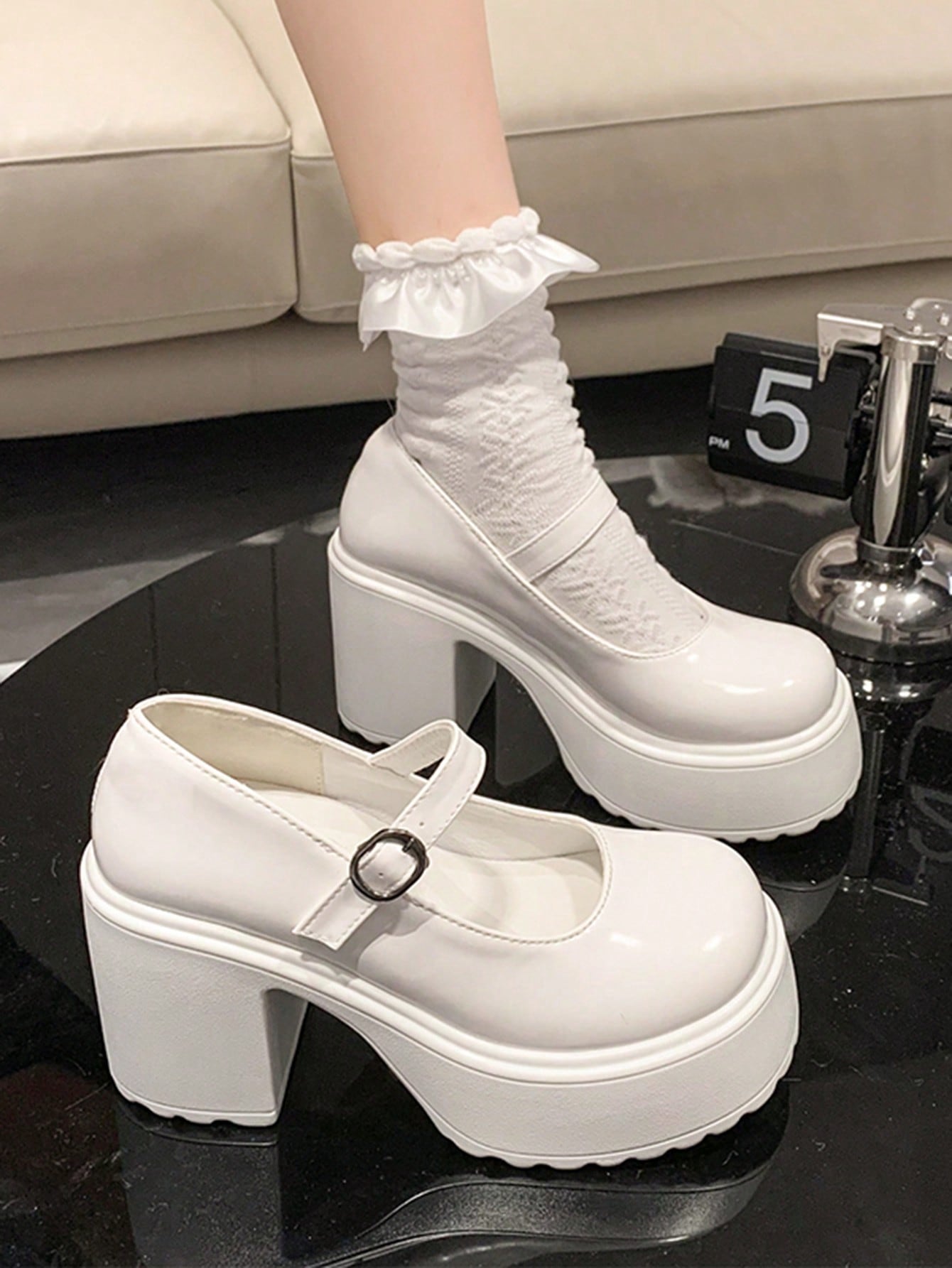 1 Pair Plus Size Thick Waterproof Platform Mary Jane High Heel Shoes