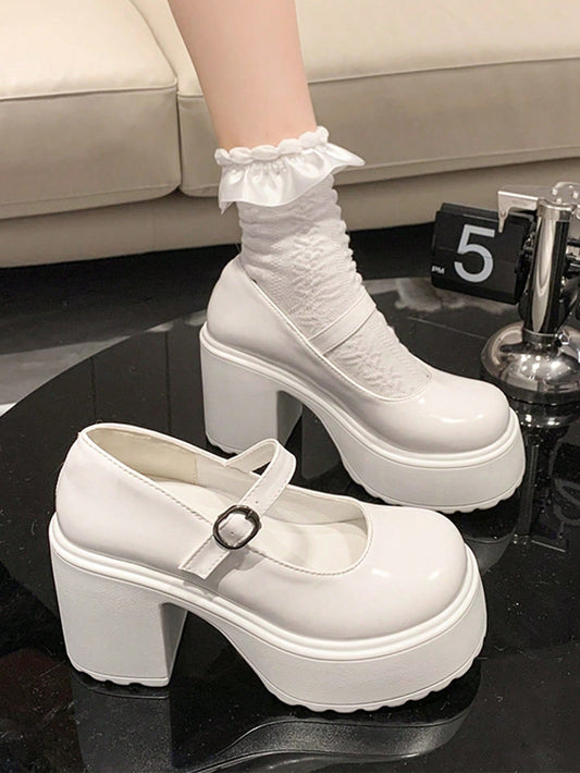 Preppy Mary Jane Shoes For Women, White Buckle Decor Platform Shoes