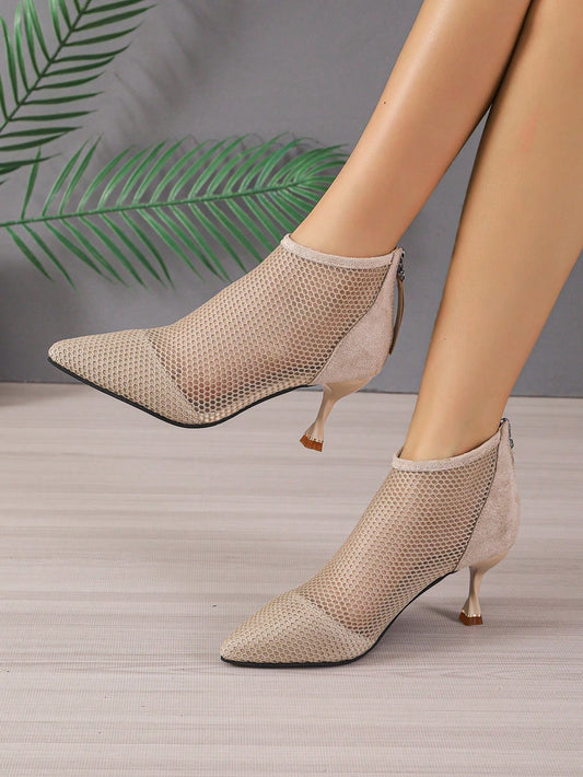 Women Mesh Panel Point Toe Pyramid Heeled Sandals Boots, Fashion Summer Ankle Boots