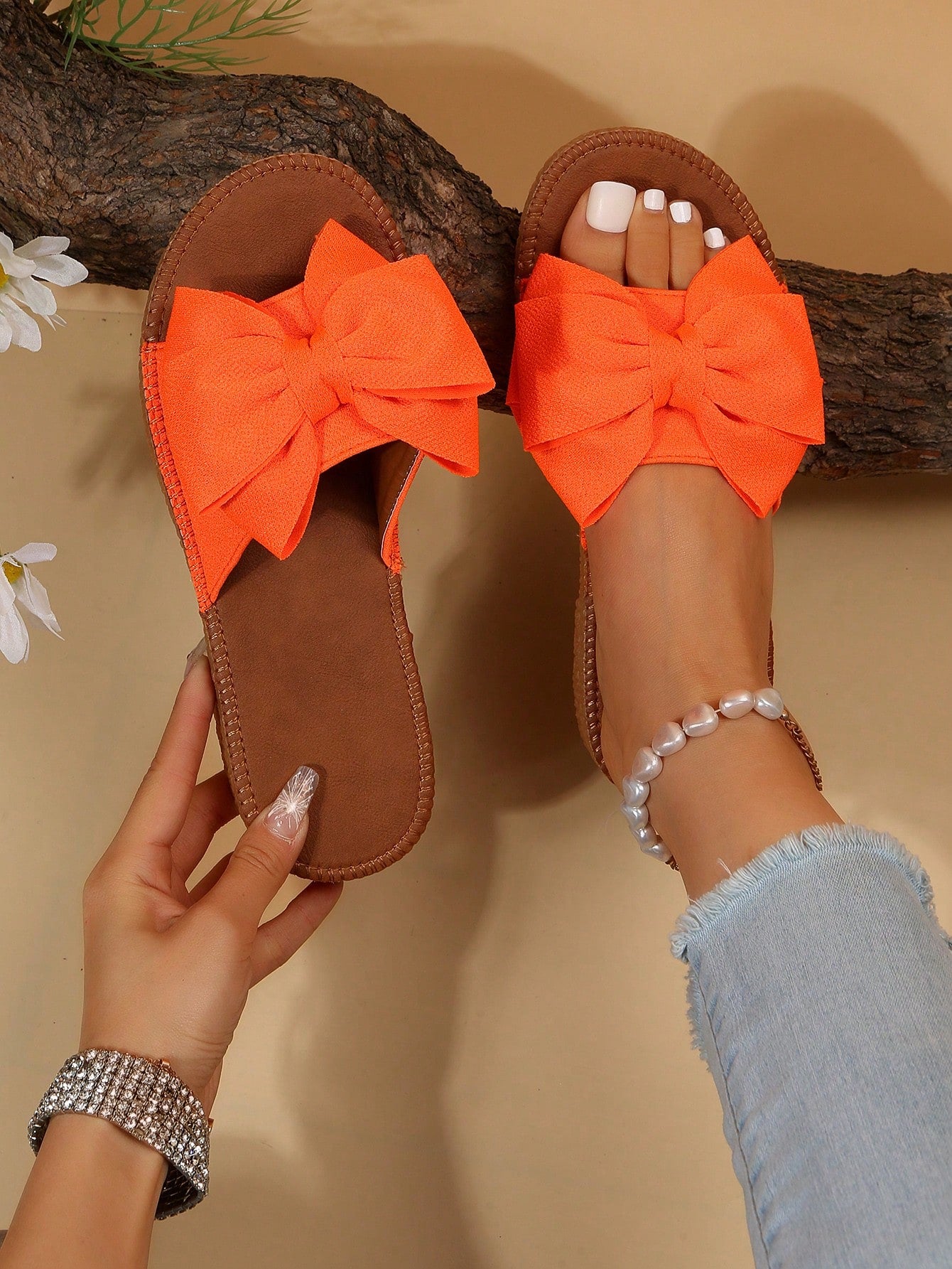 Women Anti-slip Bow Decor Flat Sandals, Vacation Summer Polyester Slide Sandals