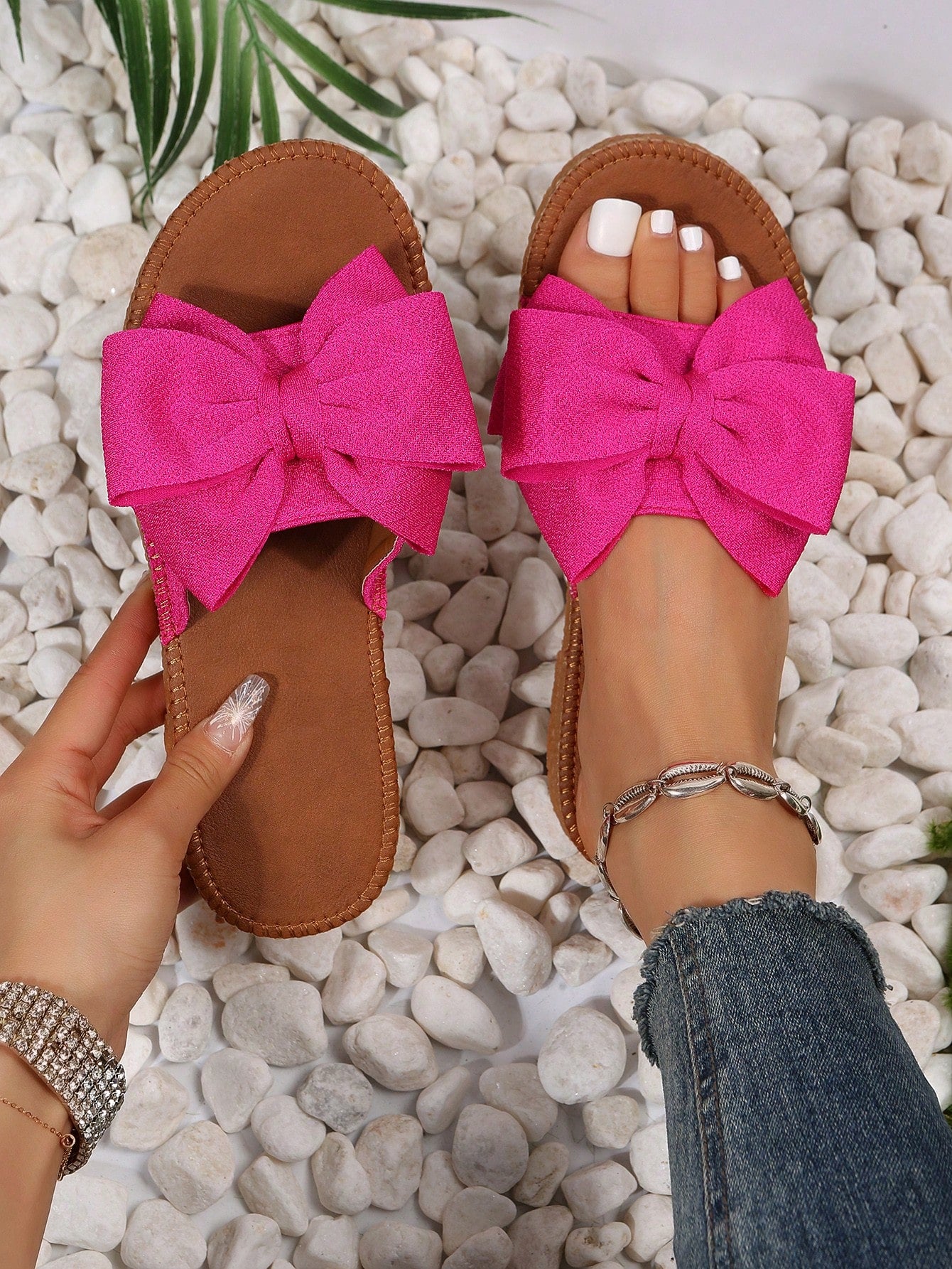 Women Anti-slip Bow Decor Flat Sandals, Vacation Summer Polyester Slide Sandals