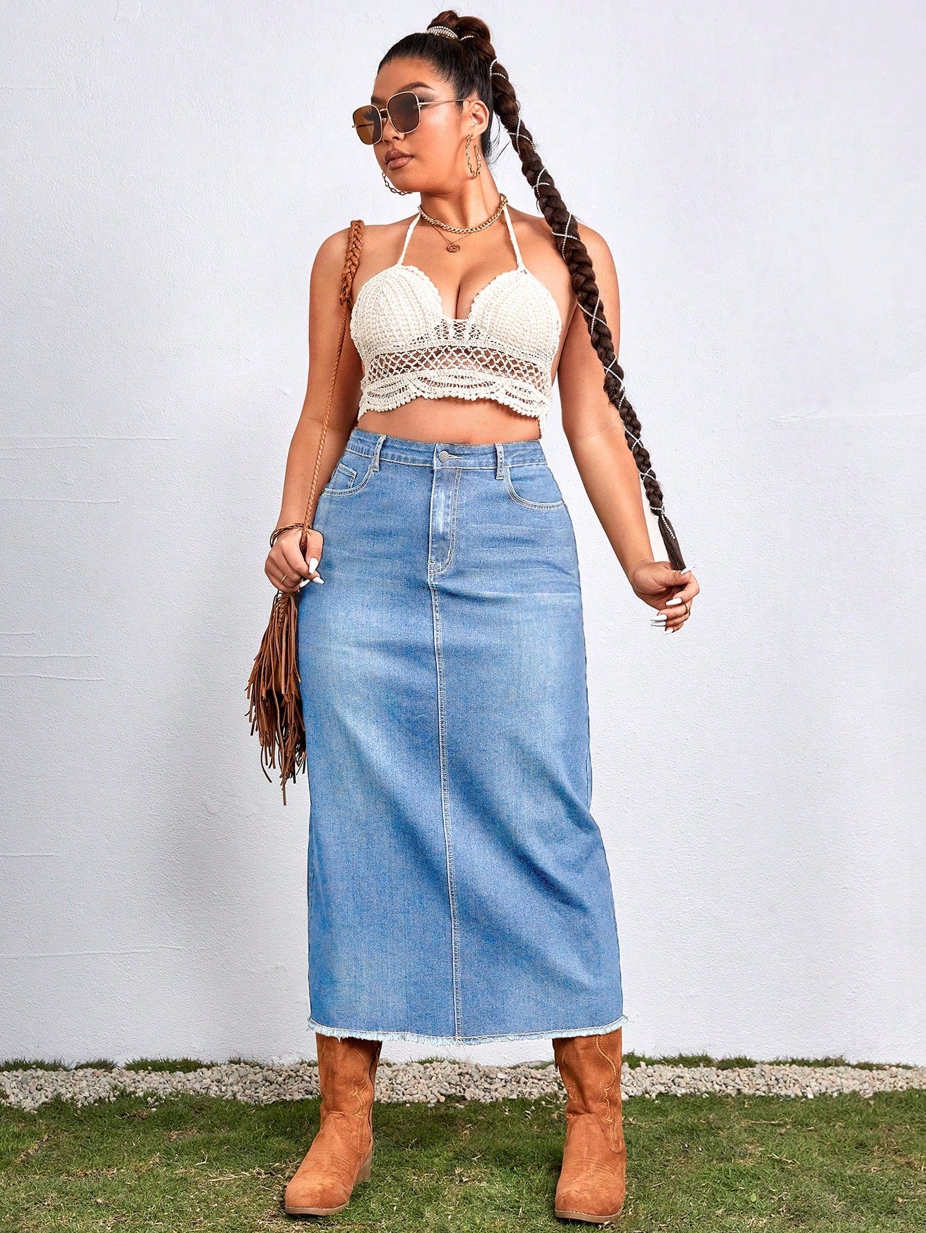 Plus High Waist Raw Trim Denim Skirt