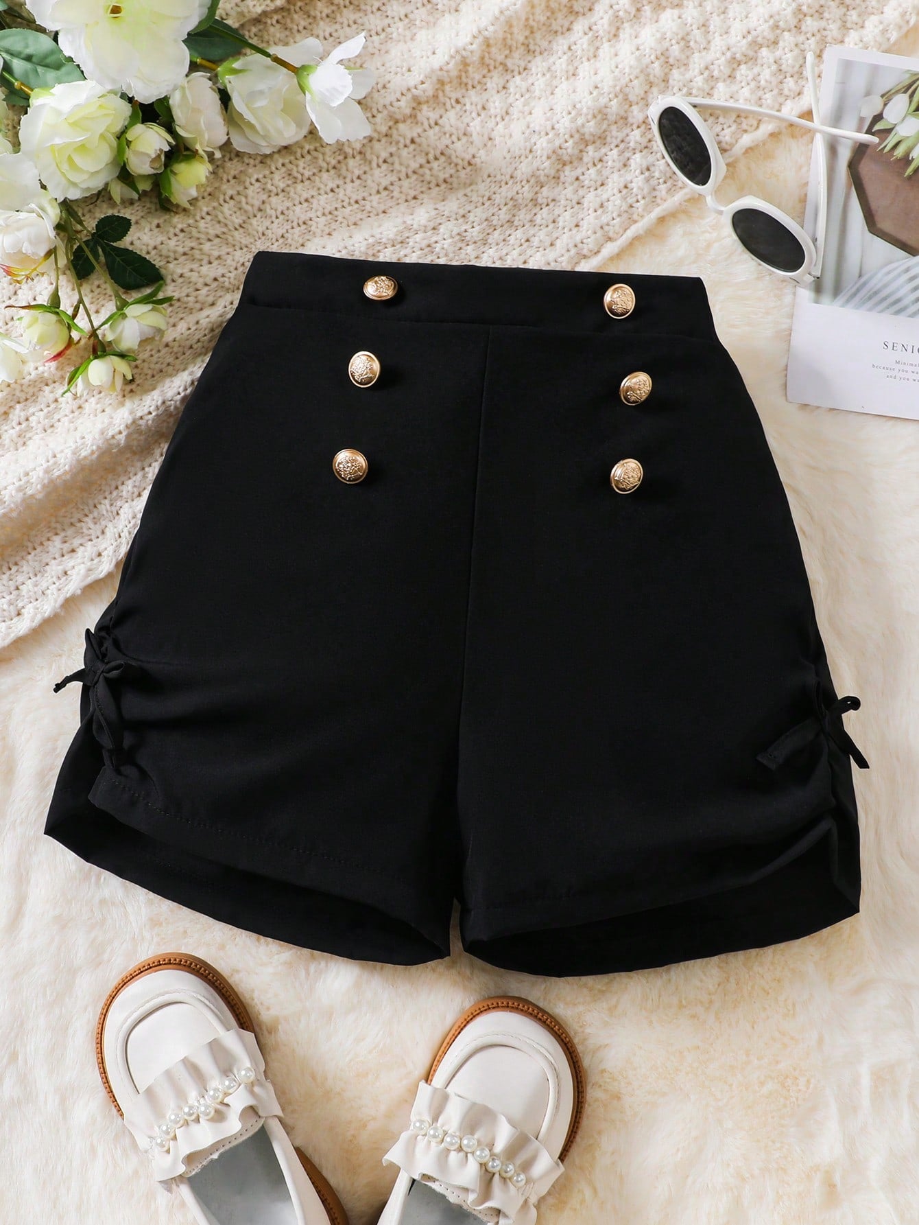 Tween Girl Button Detail Ruched Knot Side Shorts