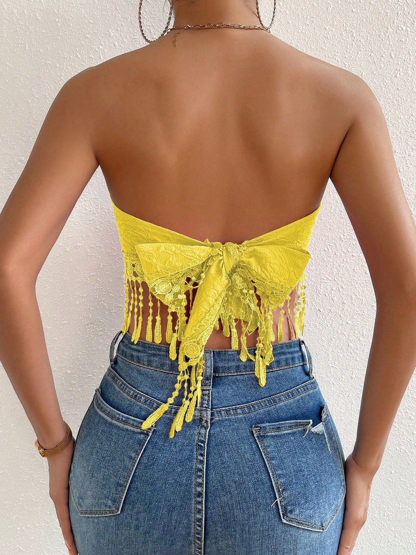 Jacquard Guipure Lace Fringe Hem Tie Back Crop Tube Top