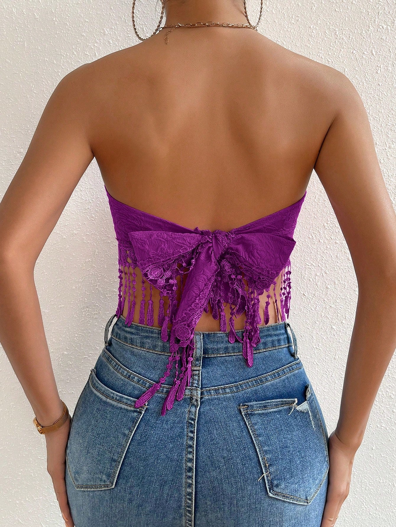 Jacquard Guipure Lace Fringe Hem Tie Back Crop Tube Top