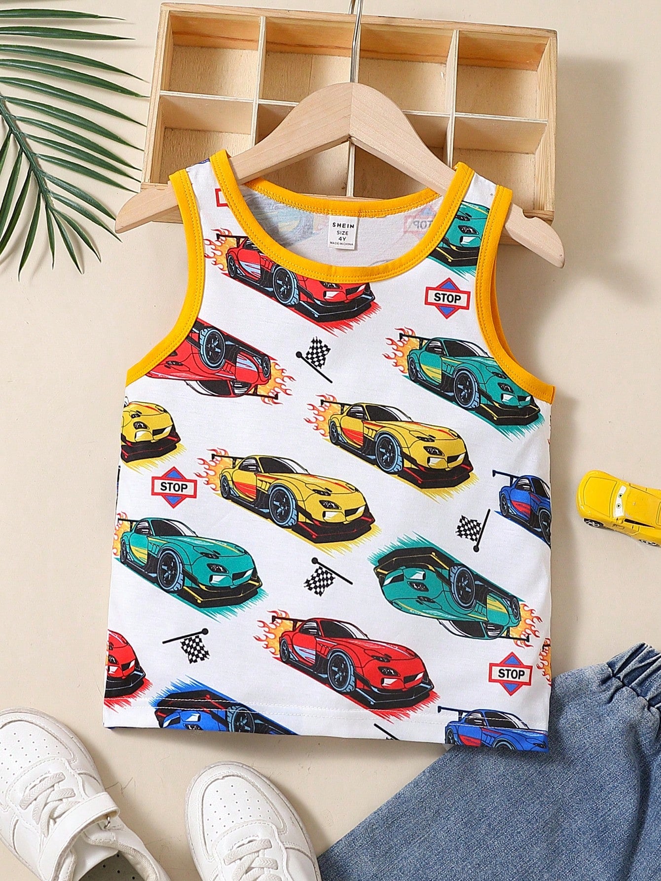 Young Boy White Cartoon Car Printed Cute Round Neck Casual Tank Top For Summer