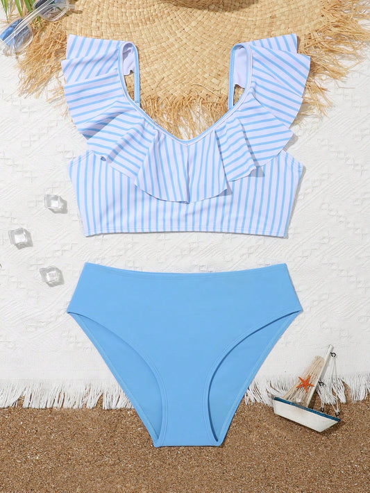 Teen Girls Striped Ruffle Trim Bikini Set Summer Beach