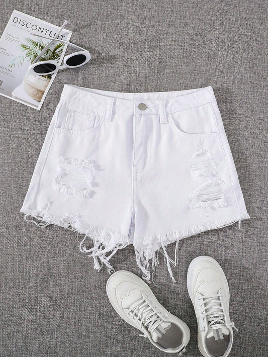 Teen Girls Ripped Raw Hem Denim Shorts