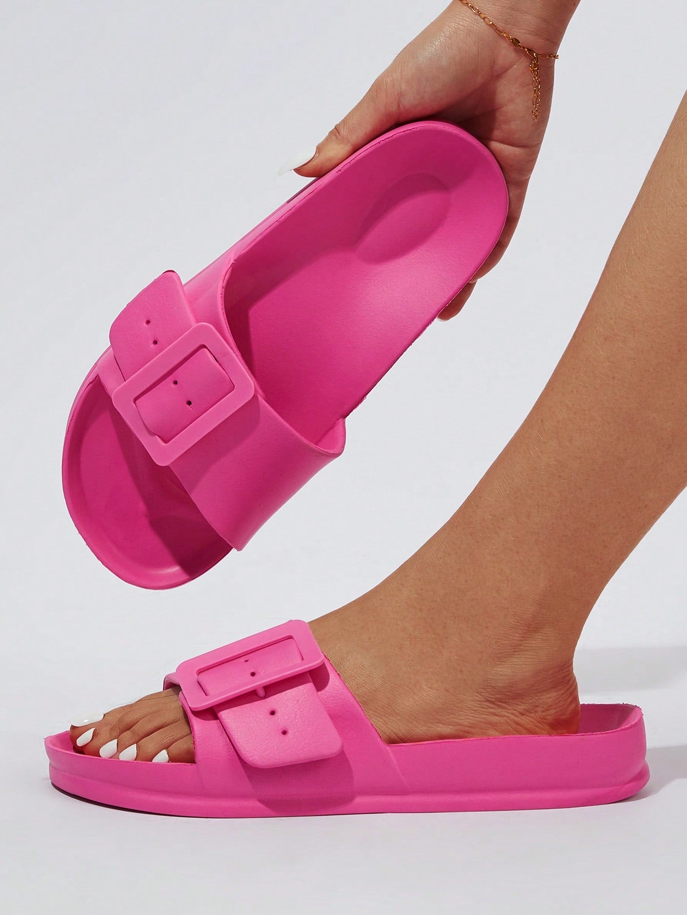 Buckle Detail Wide Fit Slides, Color Solid Color Beach Flip Flops