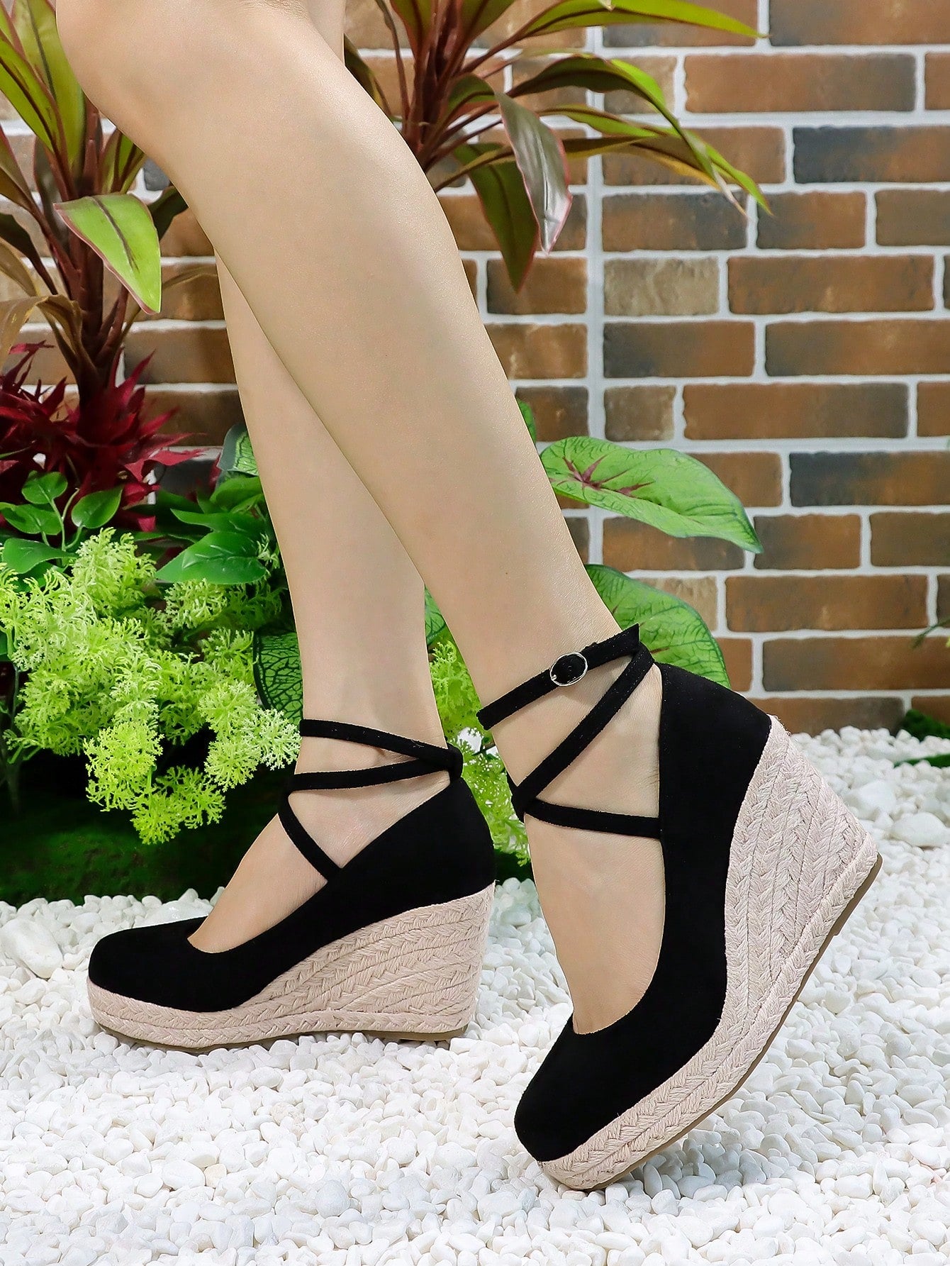 Women Beige Linen Strap Wedges With Slip-Resistant Sole