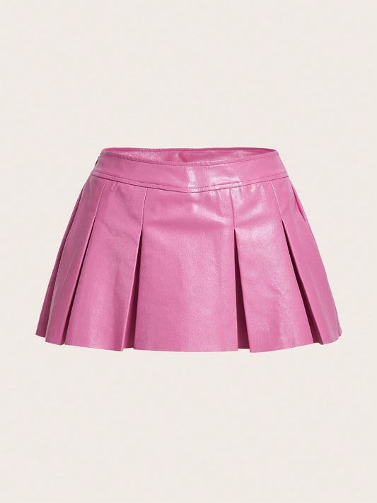 Pink Solid PU Pleated Mini Skirt