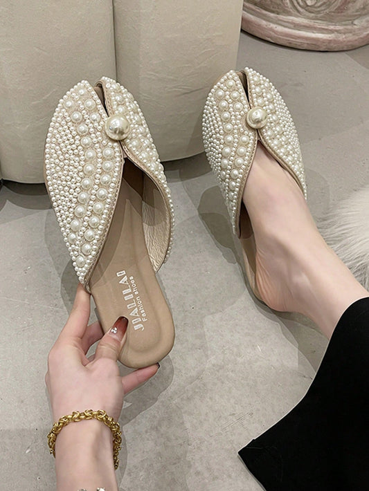 Women Faux Pearl Decor Flat Mules, Artificial Leather Fashion Flats