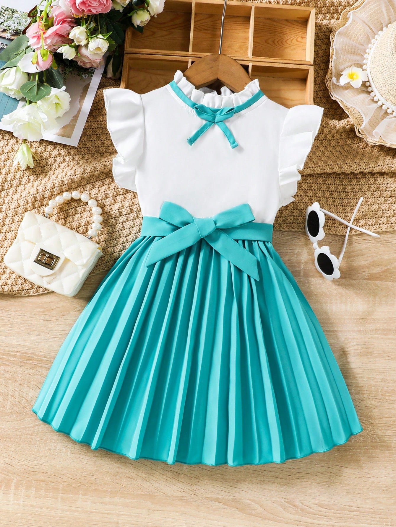 Young Girl Two Tone Bow Front Ruffle Trim Pleated Hem Dress