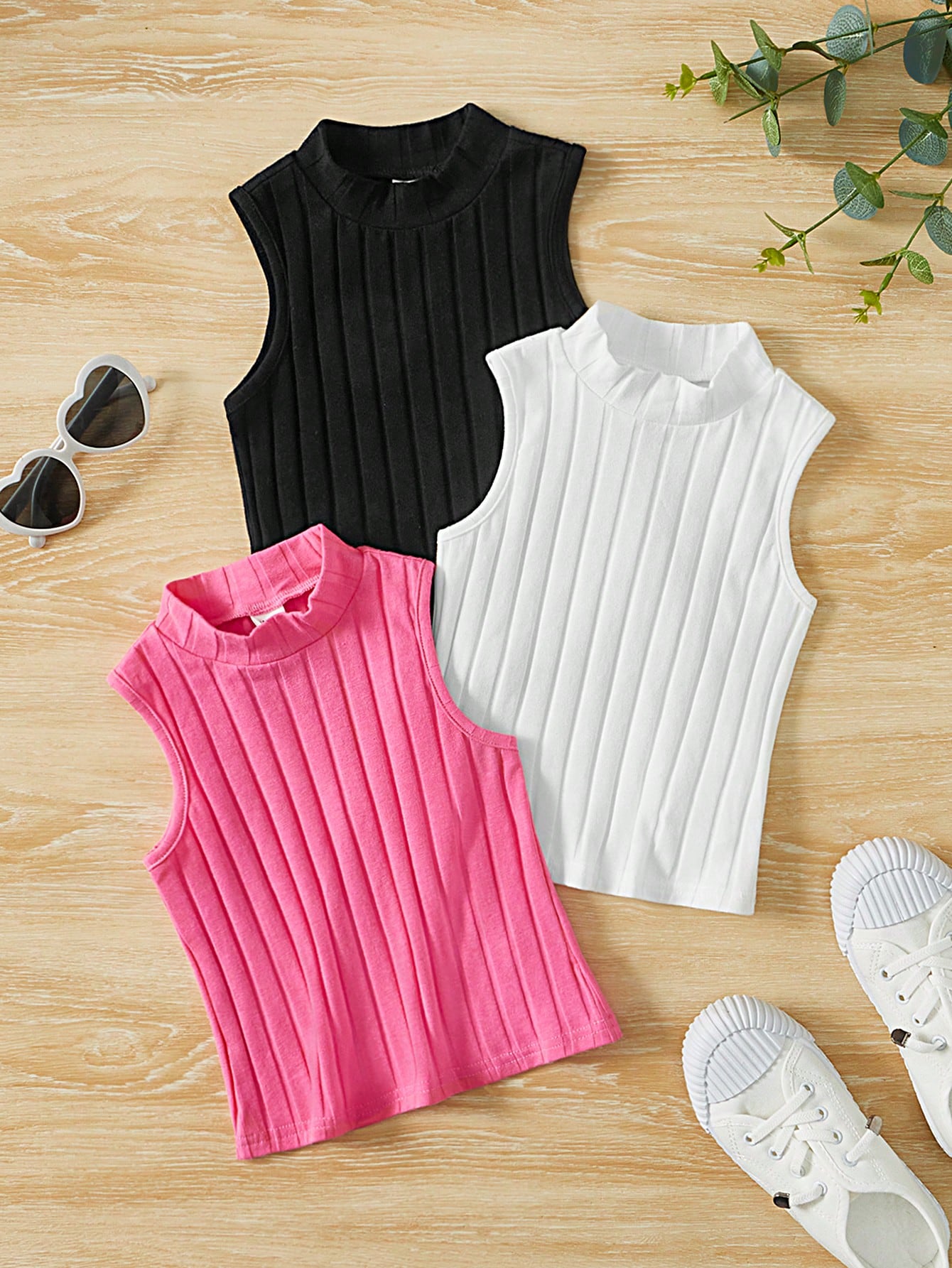 Young Girl 3pcs Solid Color Sleeveless Turtleneck Tank Top