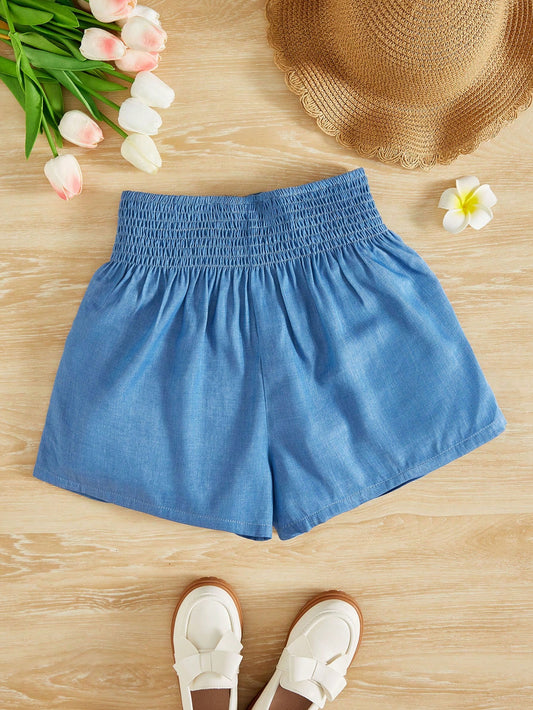 Teen Girls Solid Shirred Waist Shorts