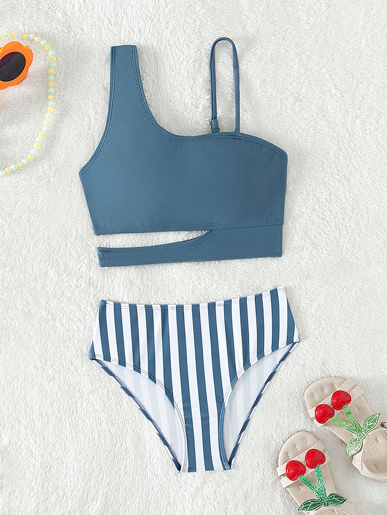 Tween Girl Striped Cut Out Asymmetrical Neck Cut Out Bikini Set Summer Beach