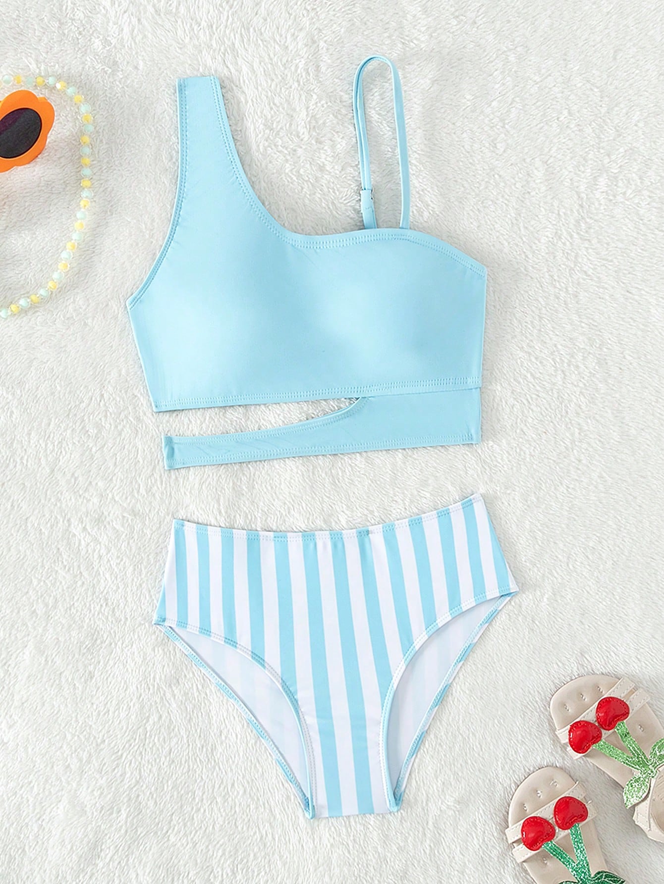 Tween Girl Striped Cut Out Asymmetrical Neck Cut Out Bikini Set Summer Beach