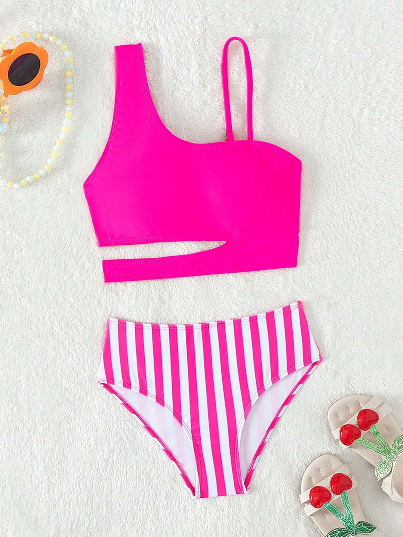 Tween Girl Striped Cut Out Asymmetrical Neck Cut Out Bikini Set Summer Beach