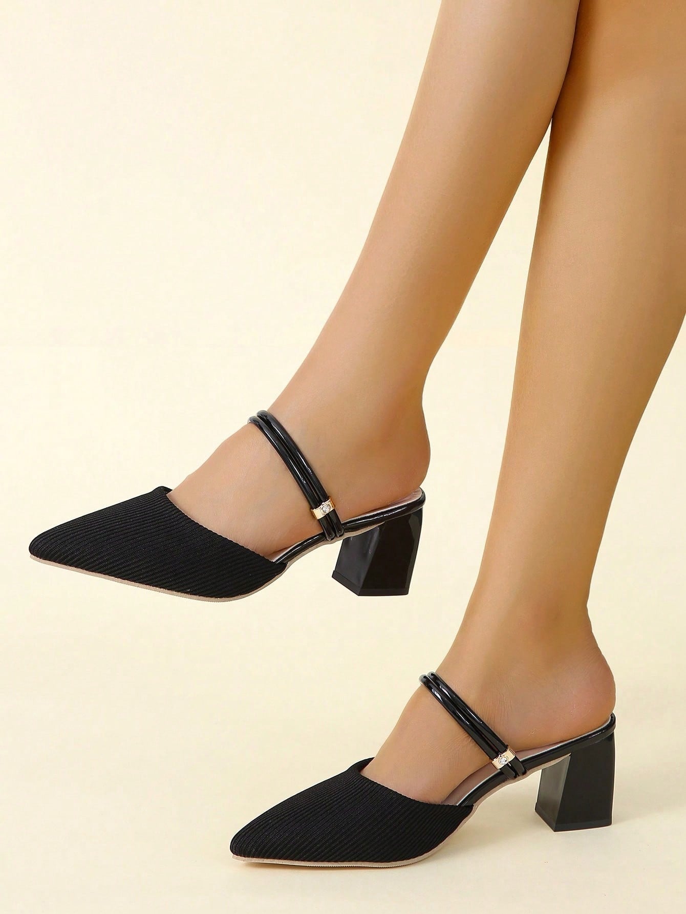 Women Knit Panel Two Way Wear Pumps, Elegant Point Toe Chunky Heel Pumps