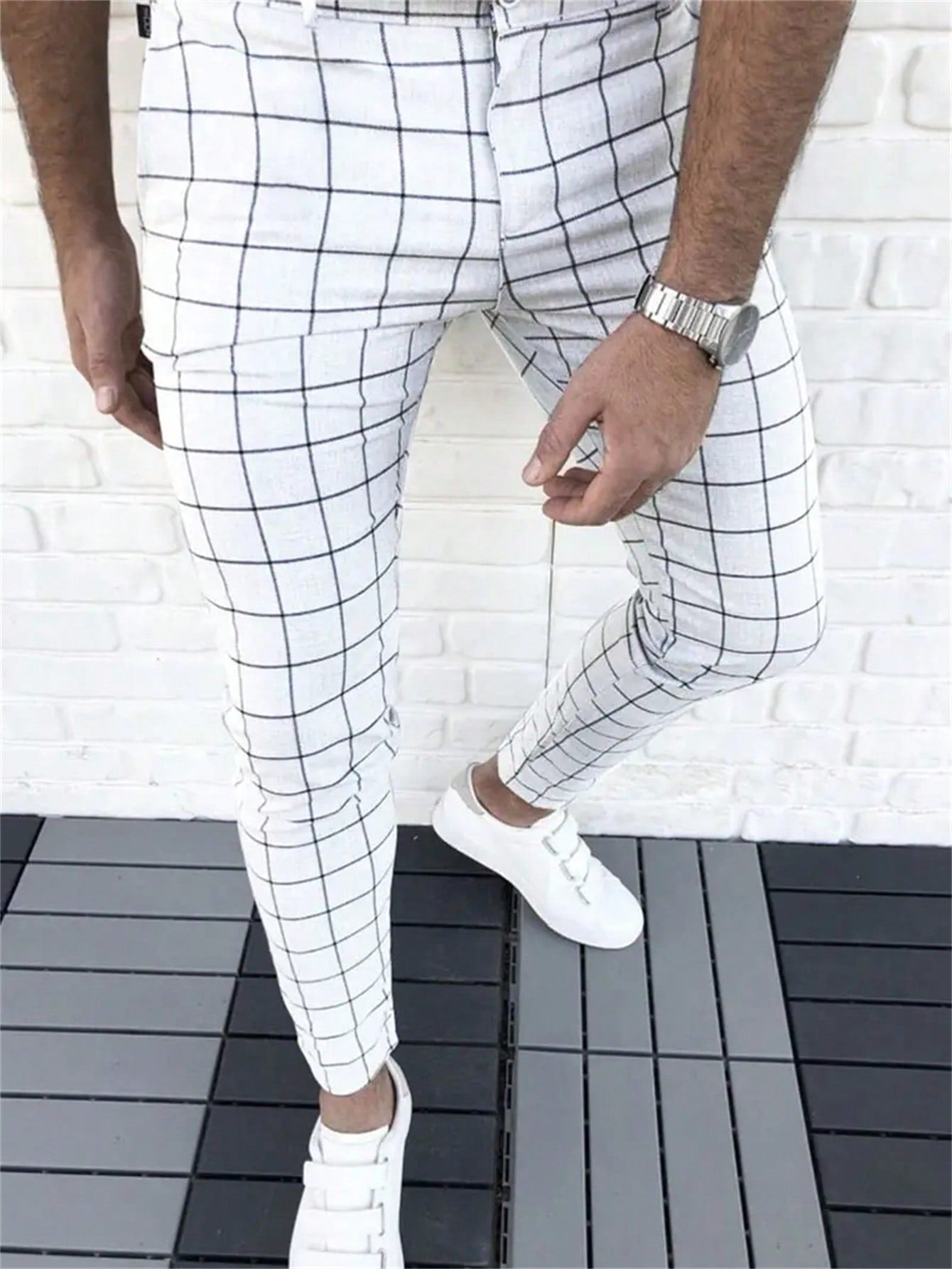 Men Plaid Print Slant Pocket Suit Pants