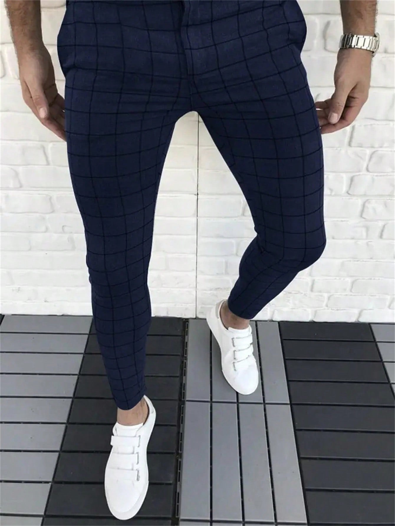 Men Plaid Print Slant Pocket Suit Pants