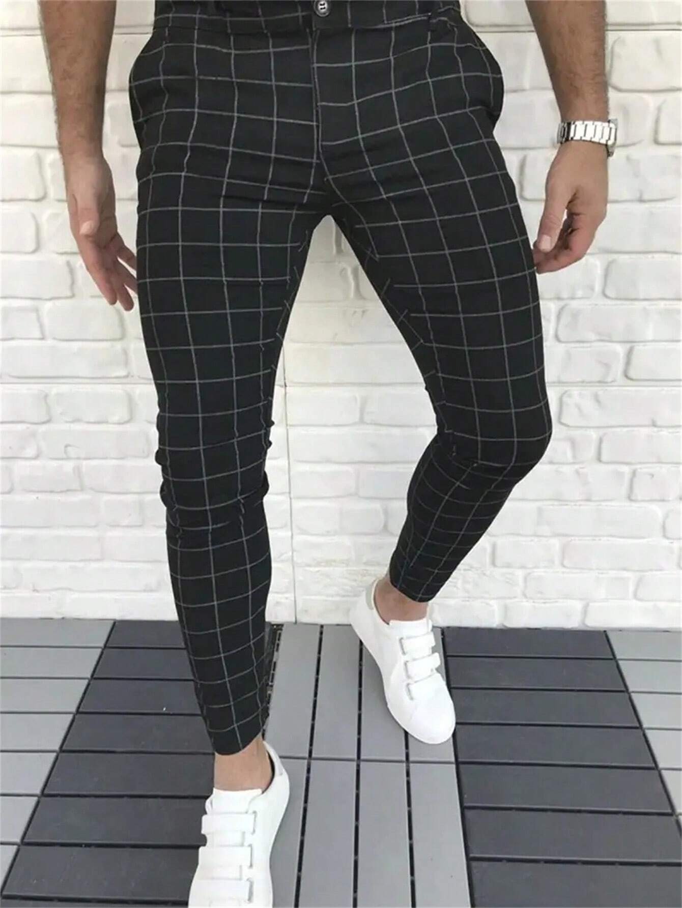 Men Plaid Print Slant Pocket Suit Pants