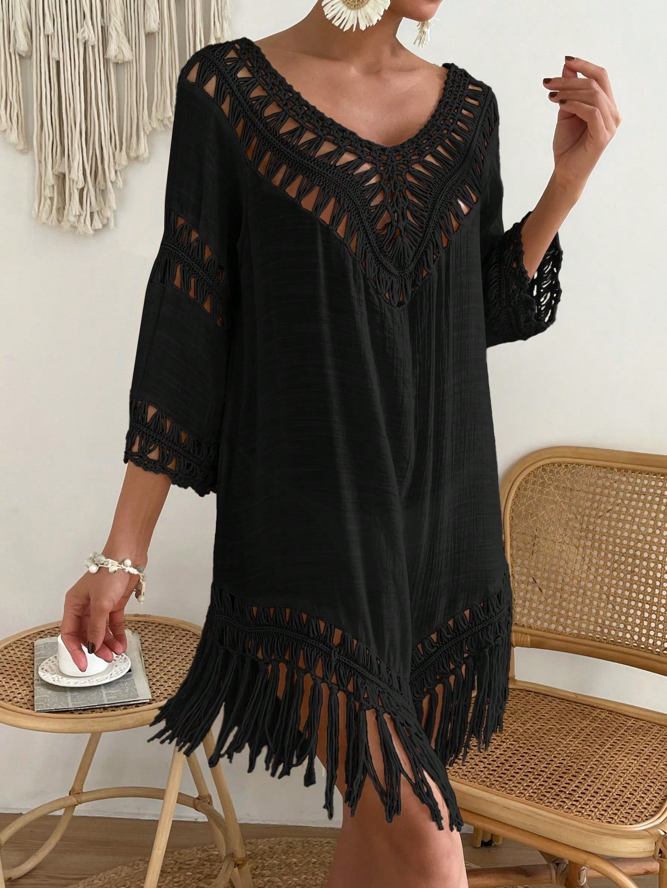 Swim Fringe Hem Crochet Cover Up Dress,Summer Beach