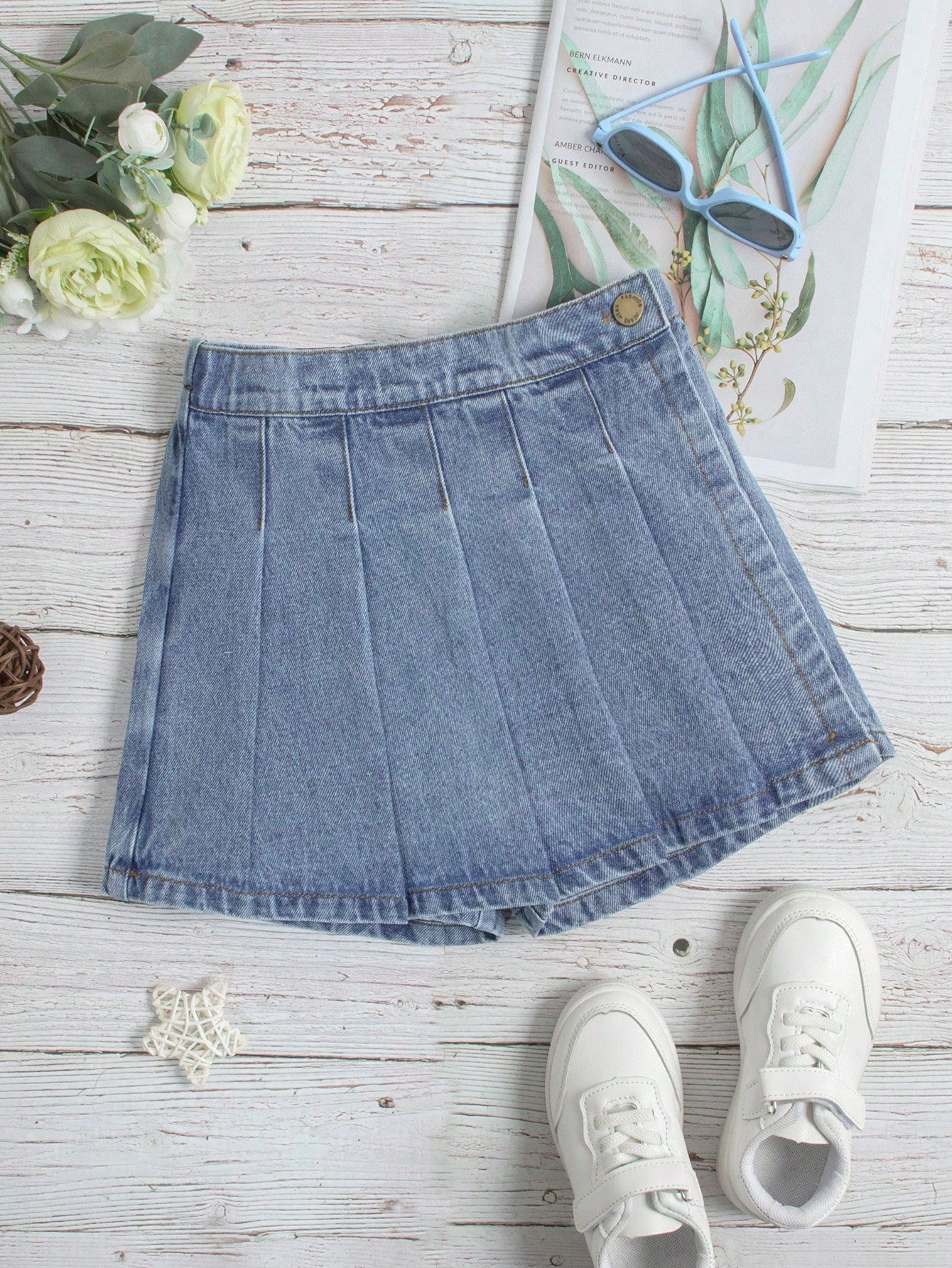 Tween Girl Solid Pleated Detail Denim Skort