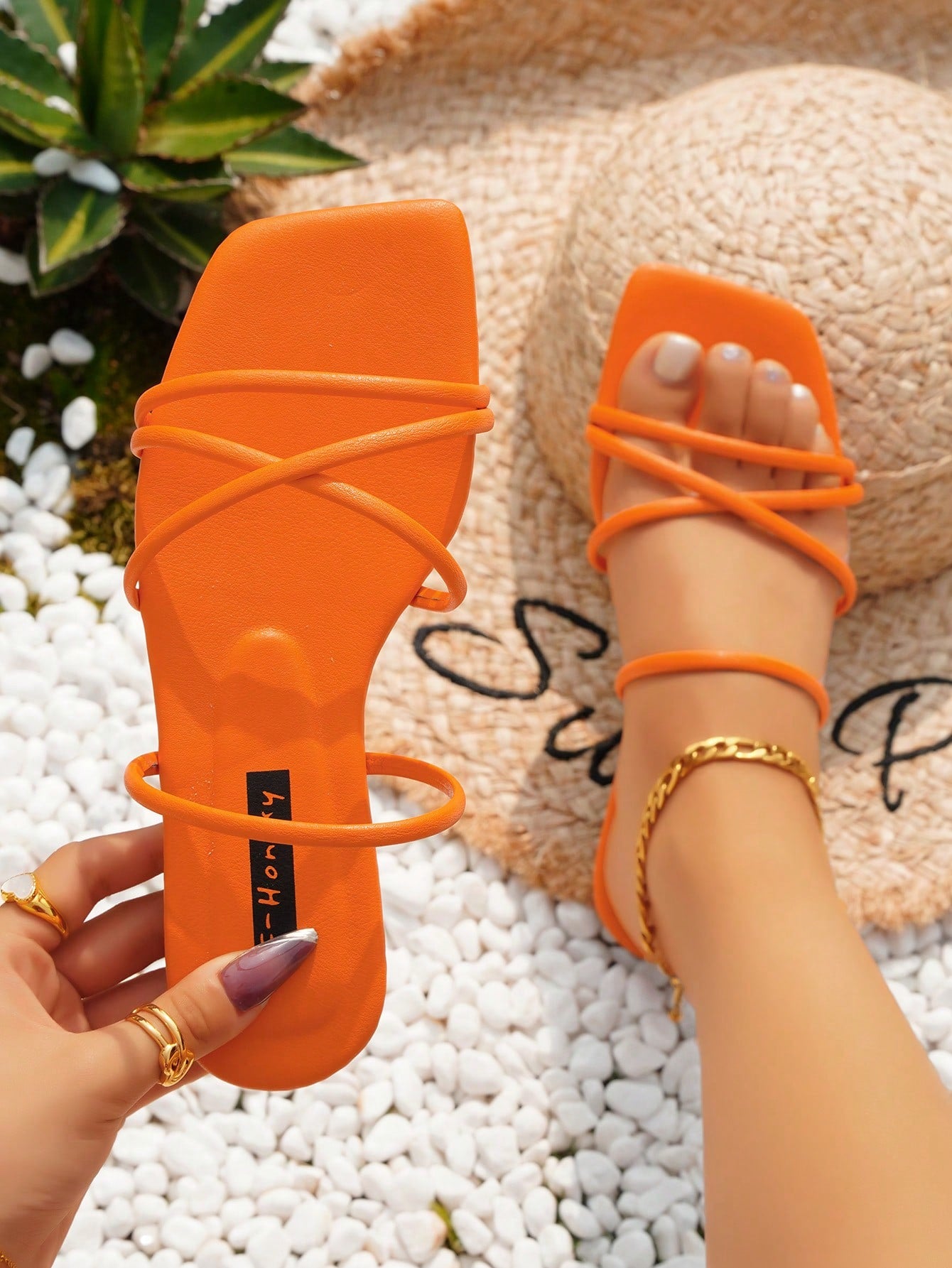 Women Open Toe Criss Cross Thin Strap Flat Sandals, Fashionable Solid Outdoor Slide Sandals