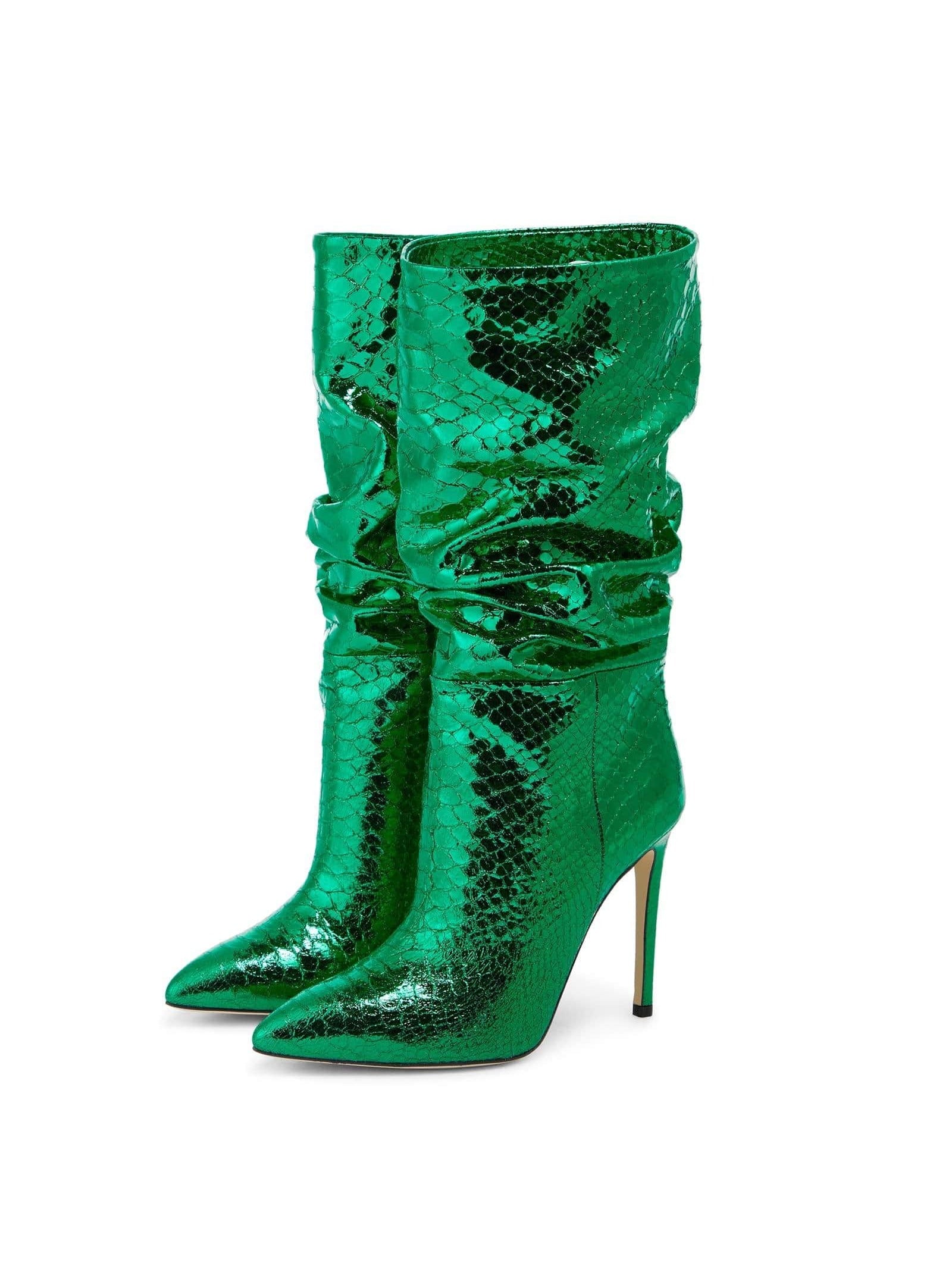 Metallic Boots For Women Stiletto Heel Slouchy Mid Calf Boot With Snake-Pattern Pointed Toe Booties