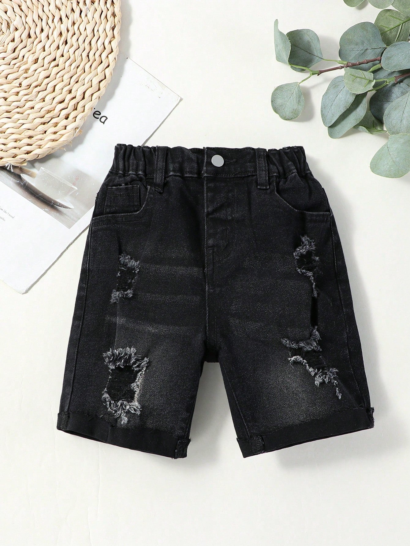 Young Boy Solid Color Distressed Denim Shorts With Pocket, Casual