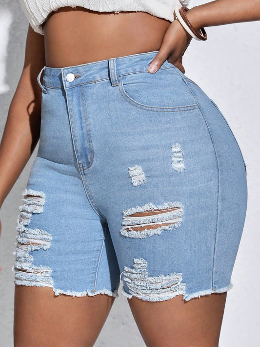 Plus High Waist Ripped Raw Hem Denim Shorts