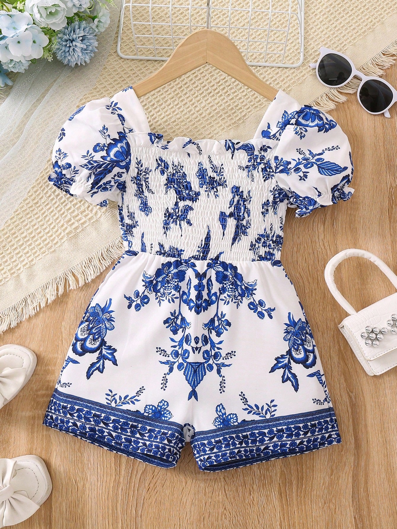 Young Girl Floral Print Puff Sleeve Shirred Romper