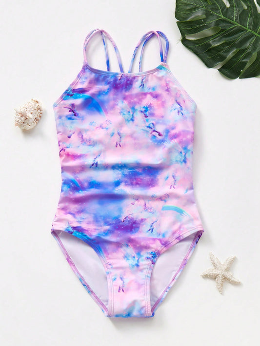 Tween Girl Tie Dye Criss Cross Backless One Piece Swimsuit