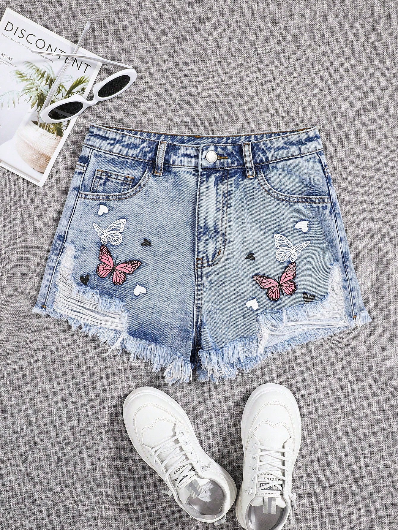 Teen Girls Butterfly Print Ripped Raw Hem Denim Shorts