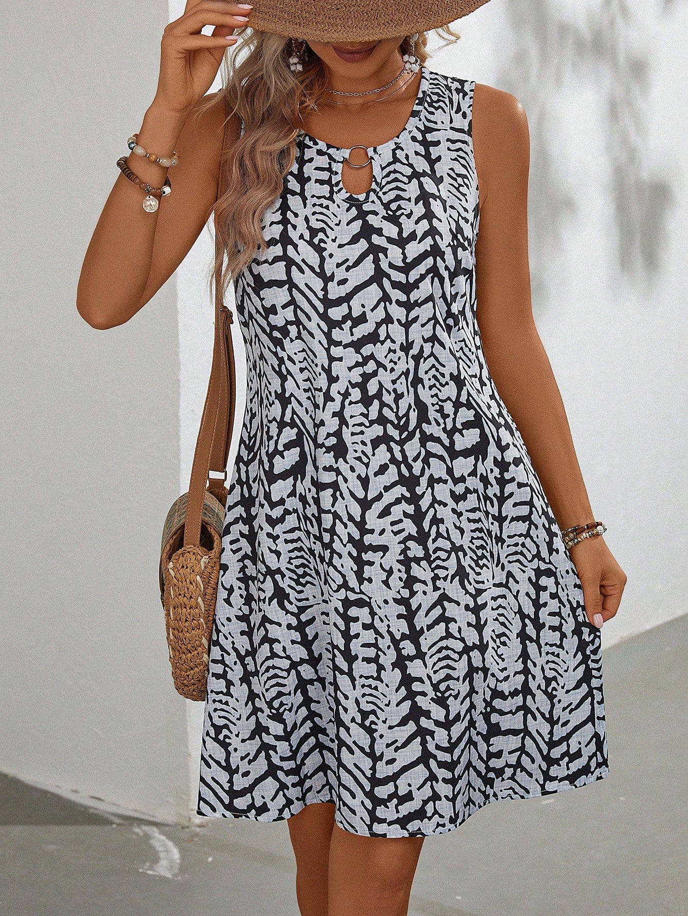 Full Printed Keyhole Collar Sleeveless Dress