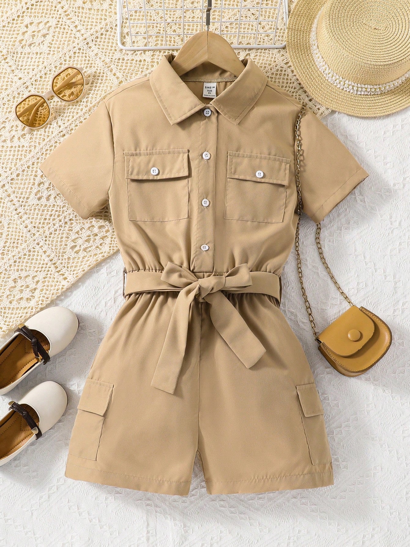 Tween Girl Flap Pocket Belted Shirt Romper